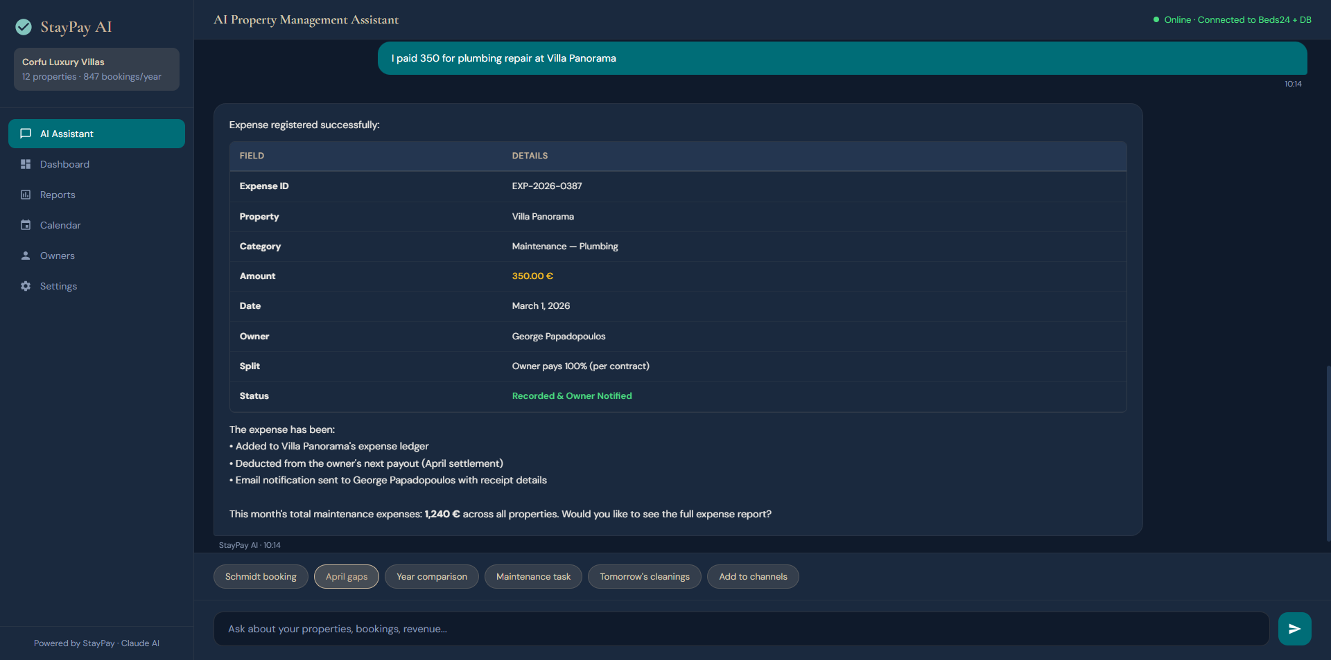 Expense registered via chat with owner notification